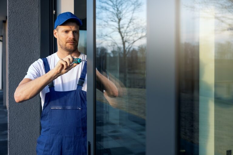 image of a man installing a sliding glass door